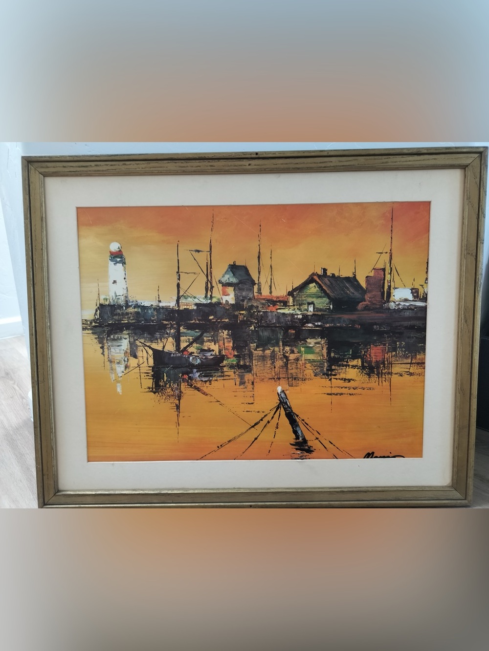 Vintage MCM Menios Harbour At Twilight Art Print Donald Art Company Framed 30x24